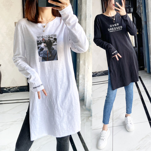 长袖文艺薄款开叉竹节棉女加长