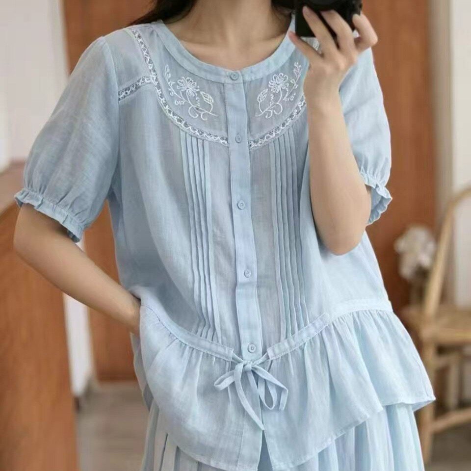 法式上衣女夏季新款韩系重工苎麻白色衬衫花边泡泡袖小衫 上衣