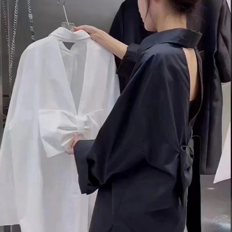 小众香云纱真丝上衣女2026新款宽松显瘦百搭蝴蝶结露背衬衫