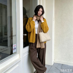 显瘦针织衫毛衣外套 女生微胖大码 韩版复古慵懒宽松灯笼袖 正肩