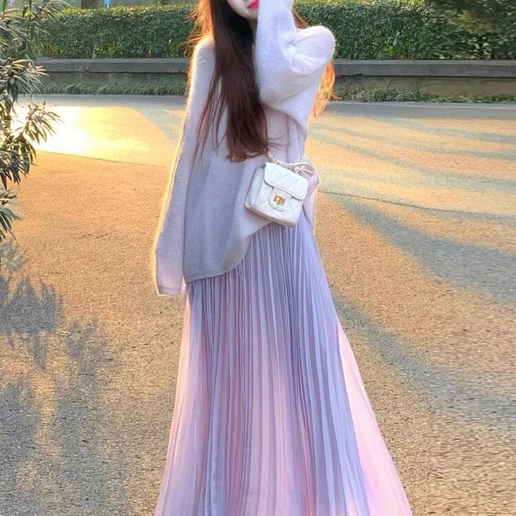 韩系复古风针织衫毛衣开衫两件套V领慵懒感高腰半身裙