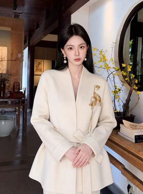 毛呢大衣女2026新款新中式国风时尚纯色金莲羊毛绑带羊呢外套