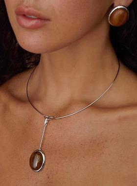 法式极简椭圆原生木纹石项圈女2024年新爆款颈带choker虎眼石