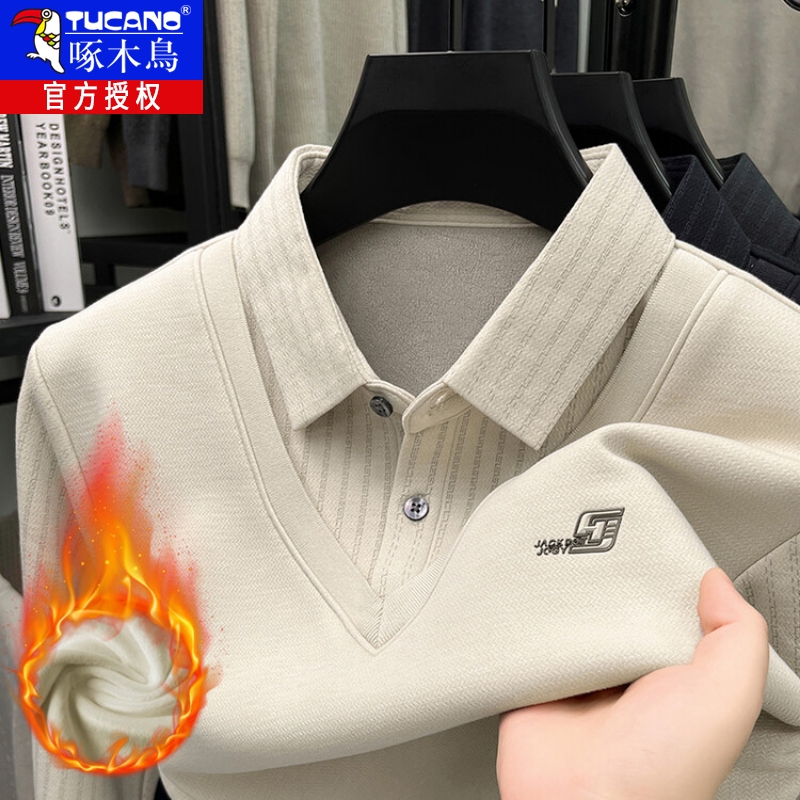 2025冬季加绒加厚假两件毛衣男中年商务休闲针织打底t恤衫上衣