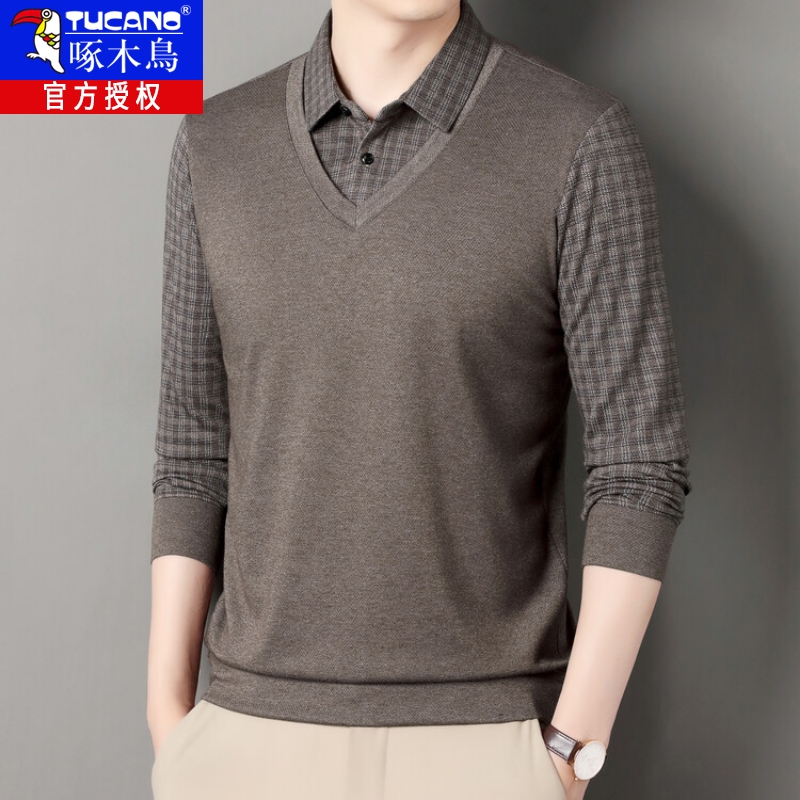 秋季中年男装假两件时尚男士宽松衬衫领T恤爸爸装格子商务上衣服