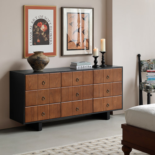 中古风实木九斗柜法式复古黑色现代客厅卧室储物餐边柜胡桃电视柜