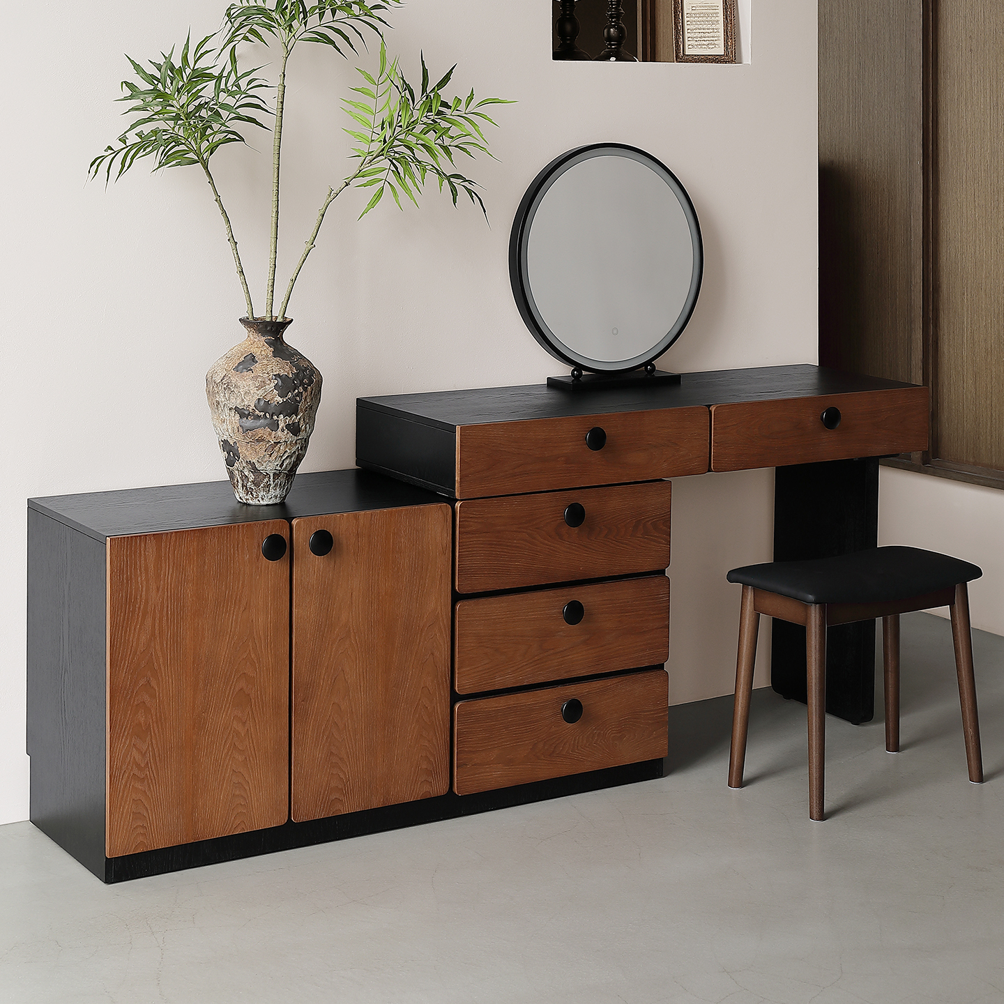 法式复古实木斗柜梳妆台一体转角床尾中古风卧室黑色化妆桌收纳柜