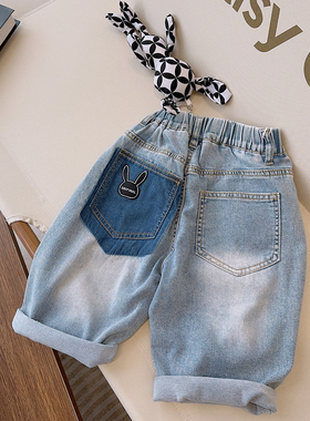 大E小e2023夏新款男女儿童时尚兔子挂件牛仔中裤薄款休闲裤99813