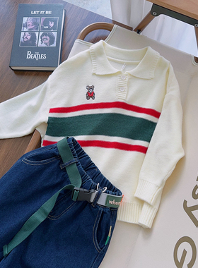 大E小e2023秋款男女儿童韩版文艺范小熊绣花翻领毛衣针织衫82526