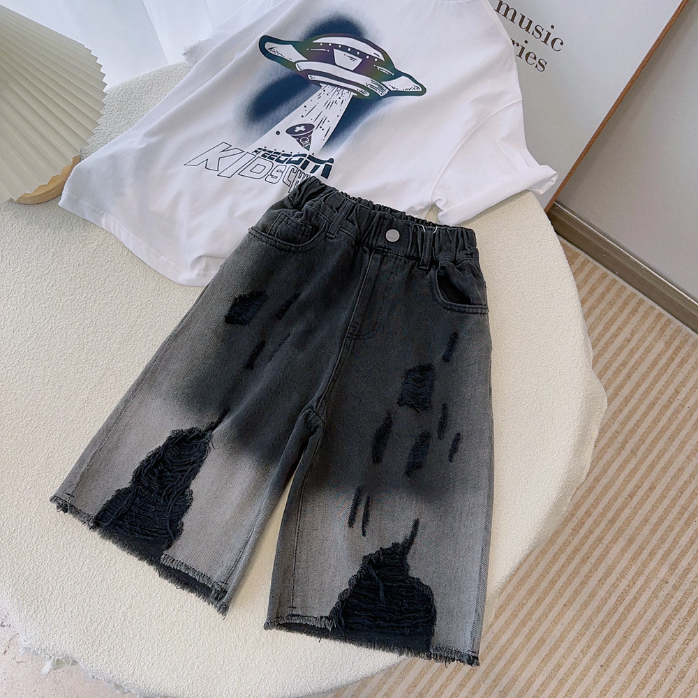 嗨大E小e2024夏款男女儿童潮酷割破乞丐牛仔裤街舞风时尚中裤7312