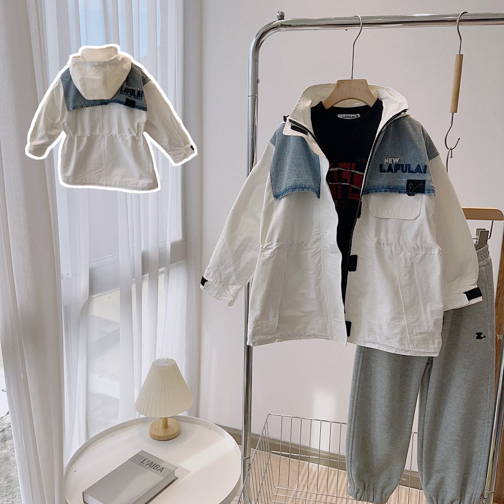 啦芙莱中大童2023秋款男女童绣花牛仔拼接连帽风衣外套中长款2100