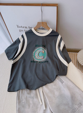 布芮欧童装2024夏款中大男儿童学院风字母C短袖T恤韩版上衣88151