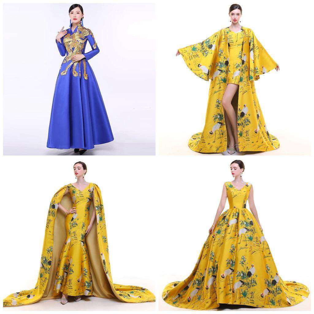 租中国风仙鹤系列华服晚礼服舞台年会车展主持走秀T台演出服租赁