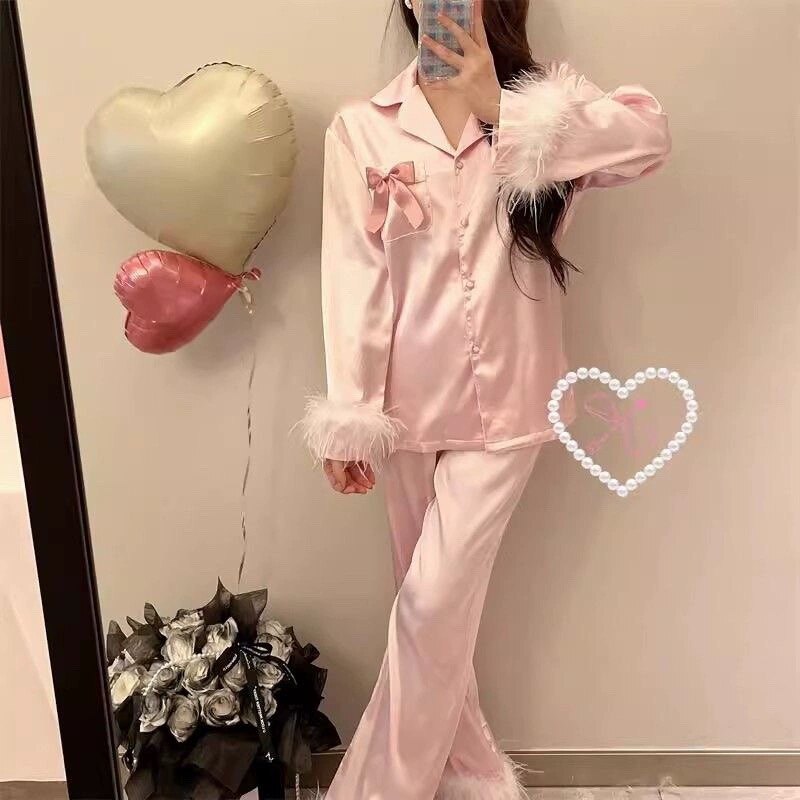 真芭比甜心缎面毛毛睡衣高级感甜睡衣/家居服套装