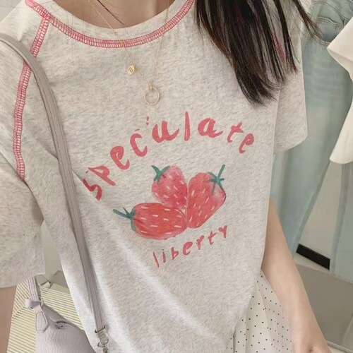韩代款东大门夏女装薄款雪花棉插肩袖甜美减龄温柔系草莓短袖t恤
