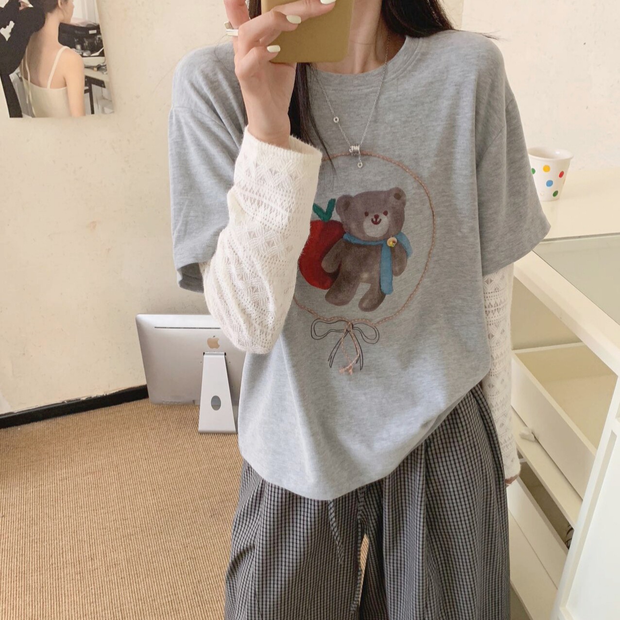 现货实拍!韩代款东大门秋季蕾丝袖假两件长袖宽松甜美减龄t恤ins