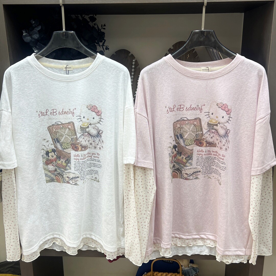 现货实拍！韩代款东大门夏防晒长袖假两件复古卡通宽松麻棉t恤女