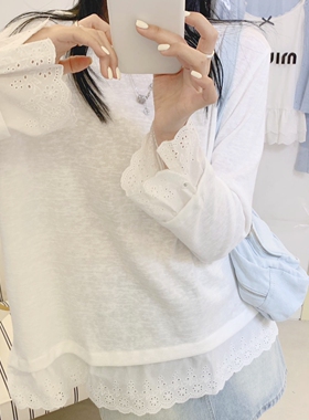 现货！韩代款东大门夏白色罩衫圆领防晒蕾丝花边长袖T恤女打底衫