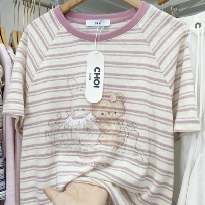 实拍！韩代款ch@东大门夏圆领甜美软萌工艺卡通条纹薄款短袖t恤女