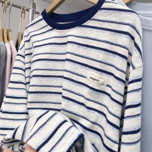 打底衫 实拍图 T恤 麻棉宽松长袖 提花条纹薄款 韩国女装 东大门春款