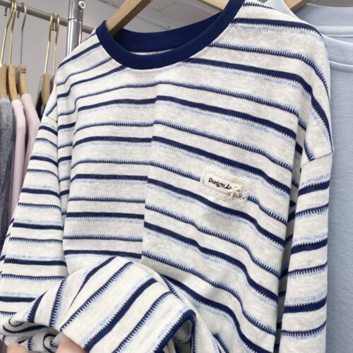 实拍图！韩国女装东大门春款提花条纹薄款麻棉宽松长袖打底衫T恤