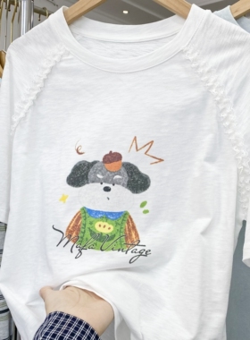 现货实拍！100纯棉竹节棉韩系小狗印花短袖T恤女夏季新款宽松上衣