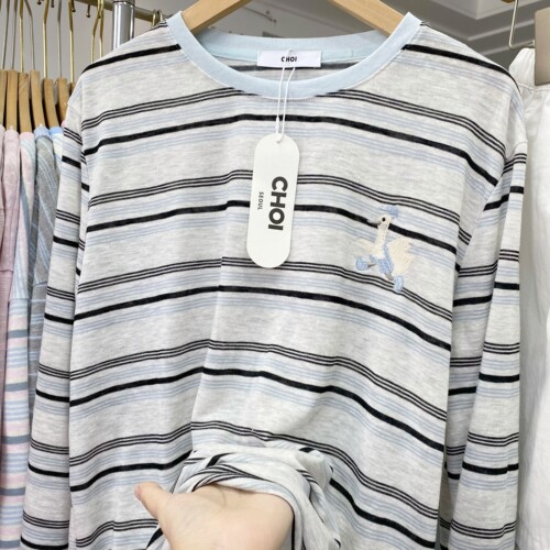 现货实拍！韩代款东大门夏季薄款防晒衣长袖打底衫T恤刺绣鹅条纹