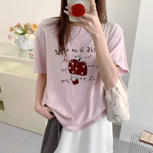 实拍韩代款moment东大门夏季新款麻棉植绒苹果舒适透气短袖T恤女