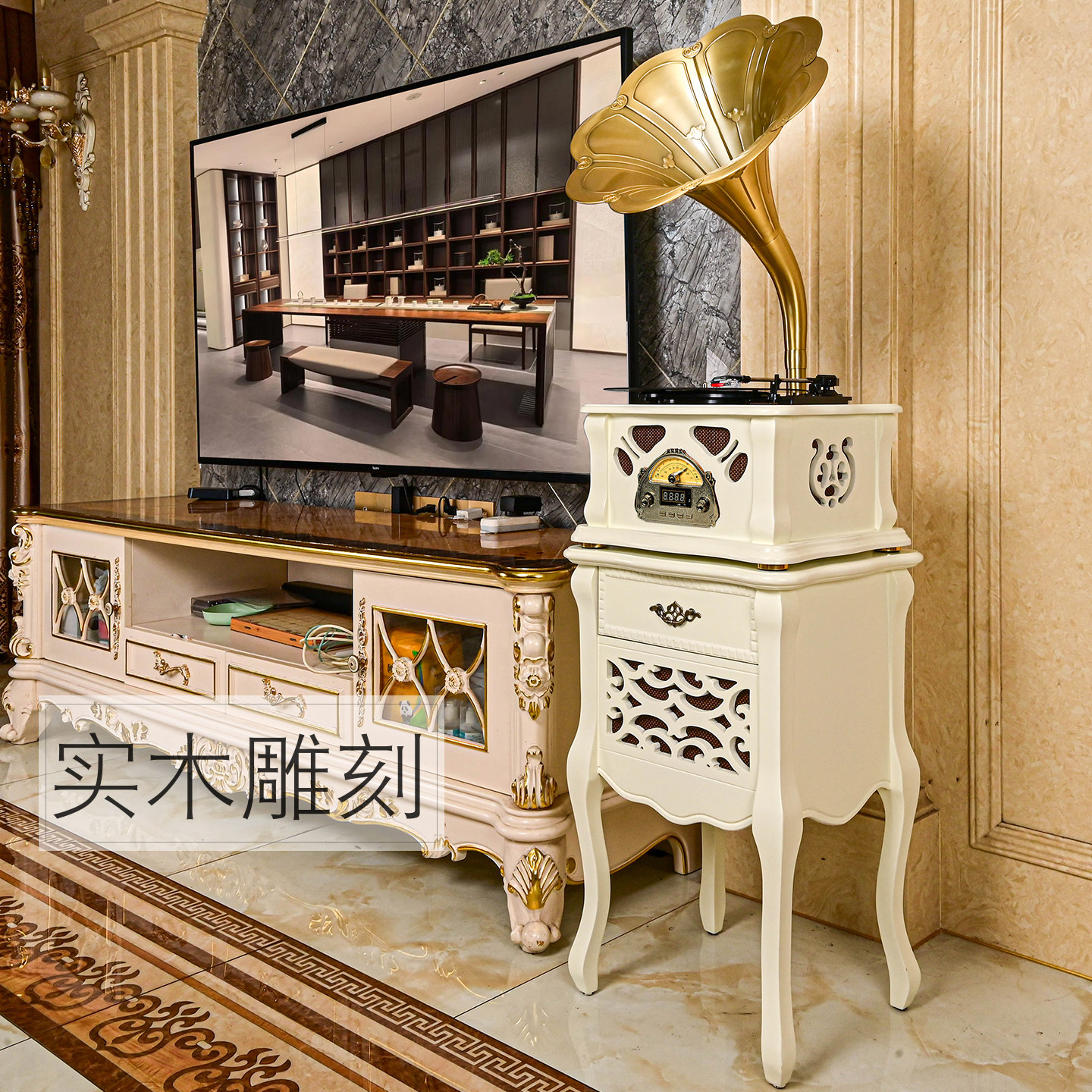 今墨复古留声机白色黑胶黑胶唱片机电唱机老式仿古大喇叭音响音箱