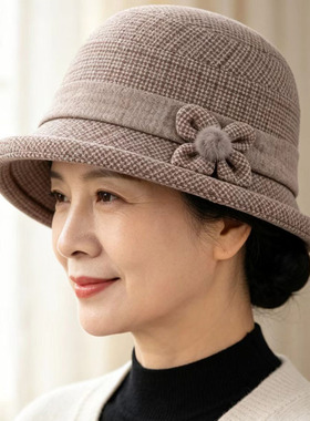 秋冬中老年女加绒加厚毛呢渔夫帽