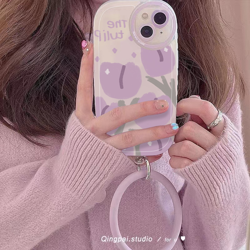 紫色郁金香适用iphone13pro max苹果12手机壳11春天新品xr女款xs手腕环x全包7/8plus小清新se2/3高级感6s软套