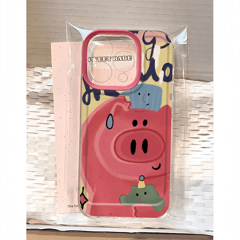 卡通玫红油画小猪适用苹果15promax手机壳iphone16pro新款13高级感12小众11保护套14软z华为荣耀vivo小米oppo