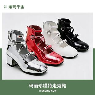 儿童模特t台走秀高跟镂空粗跟高帮玛丽珍银白黑色漆皮女童公主鞋