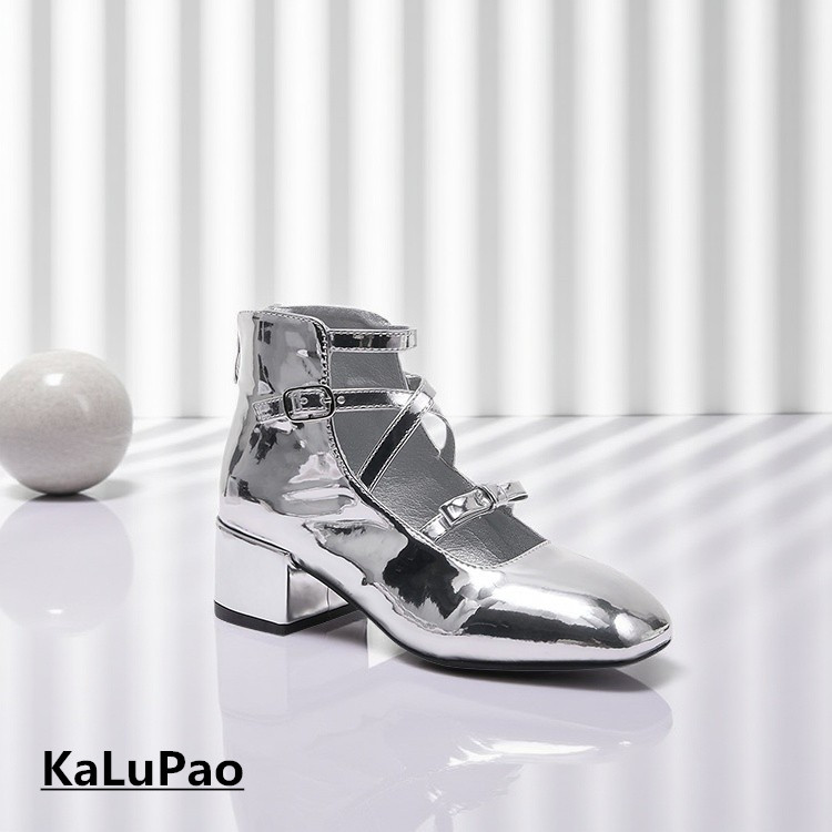 KLP模特t台走秀高跟镂空粗跟高帮浅口银白黑色漆皮女童表演公主鞋