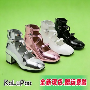 KLP模特t台走秀高跟镂空粗跟高帮浅口银白黑色漆皮女童表演公主鞋
