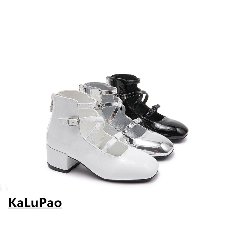 女童模特走秀高跟鞋粗跟高帮浅口潮流银白黑色漆皮公主表演短皮靴