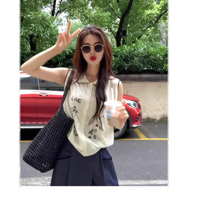 藏蓝色刺绣polo领冰丝针织衫短款上衣女夏季设计感小众无袖t恤薄