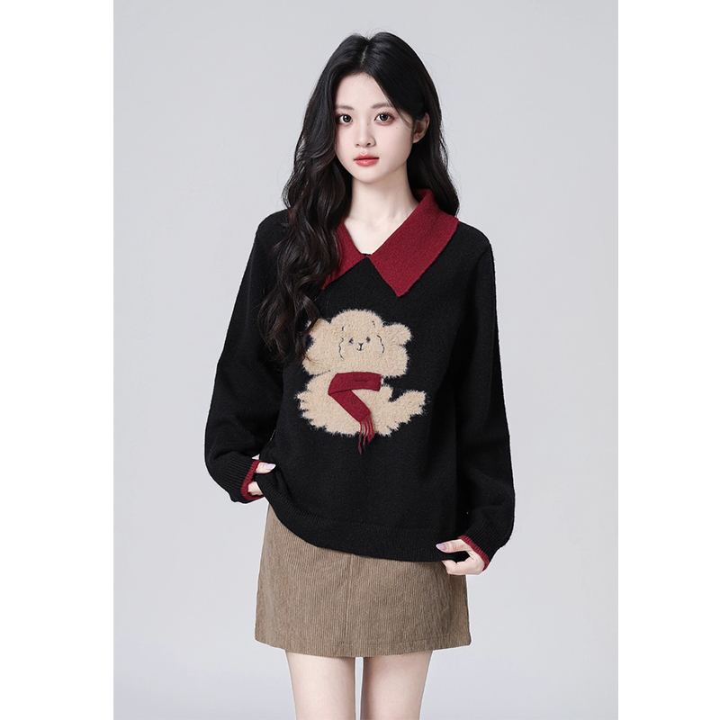 2025春秋新款黑色小熊拼接毛衣女圣诞穿搭内搭针织衫上衣厚