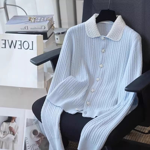 绞花减龄蓝色上衣2025秋 时尚 小香风法式 精致钉珠娃娃领针织衫