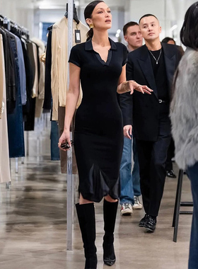 （小溪家）polo领连衣裙拼接这家短袖不规则长裙修身气质显瘦裙子