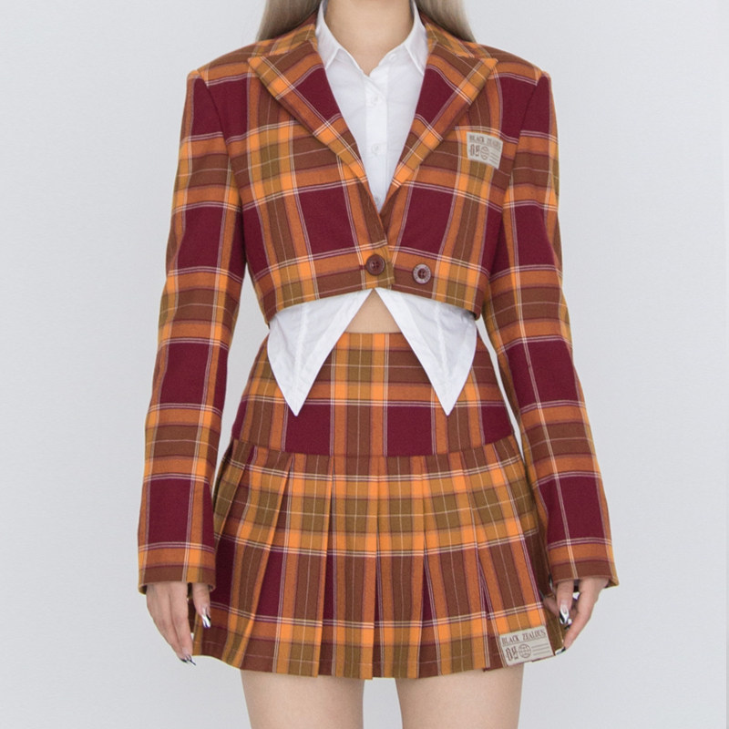 暴杂独立设计 校园辣妹系列 原创格兰芬多狮院配色格纹西装百褶裙