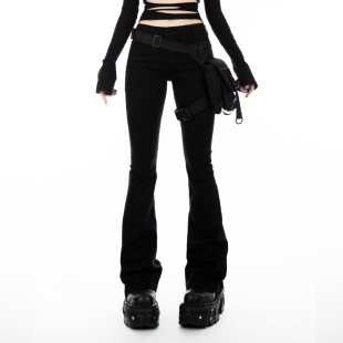 喇叭裤 暴杂原创设计 暗黑小众亚文化机能风中低腰显瘦黑色牛仔裤