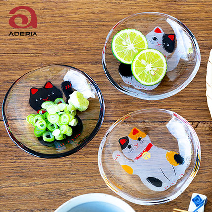 日本进口Aderia手工玻璃招财猫咪蘸料碟味碟调料碟醋碟火锅酱油碟