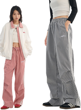 SRME格纹褶位打褶设计织带舒适直筒学院风垂感慵懒感休闲格子裤