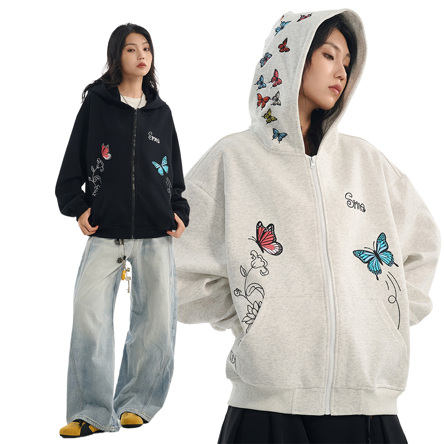 SRME彩色蝴蝶刺绣绣花休闲宽松套头上衣拉链外套帽衫卫衣