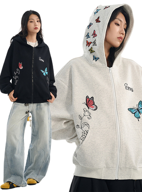 SRME彩色蝴蝶刺绣绣花休闲宽松套头上衣拉链外套帽衫卫衣