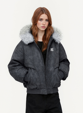 SRME皮质质感毛领加厚款保暖夹克防风防寒门襟飞行员棉服派克服