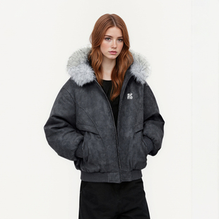 SRME皮质质感毛领加厚款保暖夹克防风防寒门襟飞行员棉服派克服