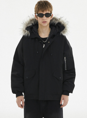 SRME可拆卸连帽毛领加厚款保暖夹克防风防寒门襟飞行员棉服派克服