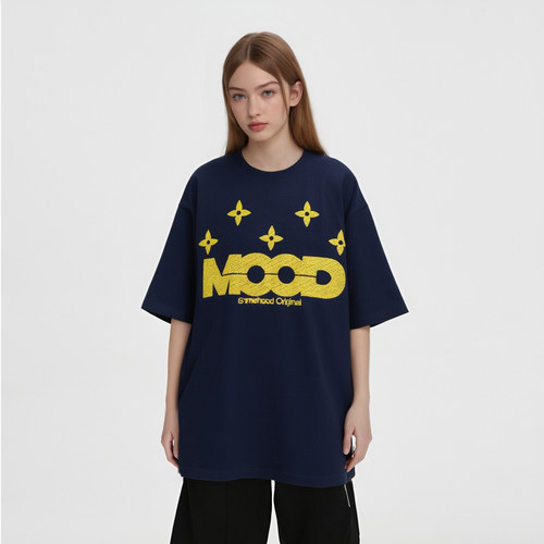 SRME夏季新品MOOD乱针刺绣印花复古短袖潮牌纯棉休闲半袖情侣T恤